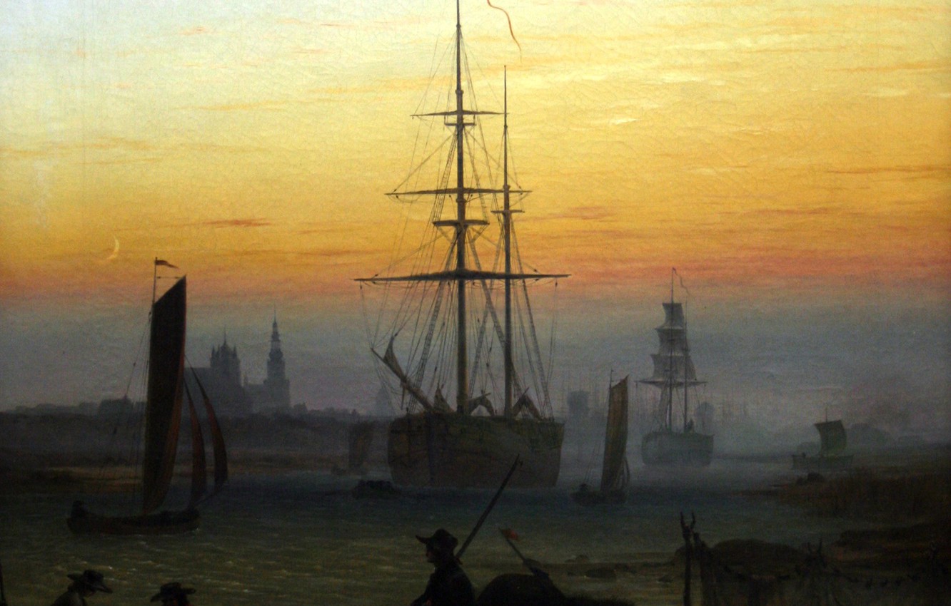Wallpaper ship, picture, silhouette, Harbour, Caspar David Friedrich image for desktop, section живопись