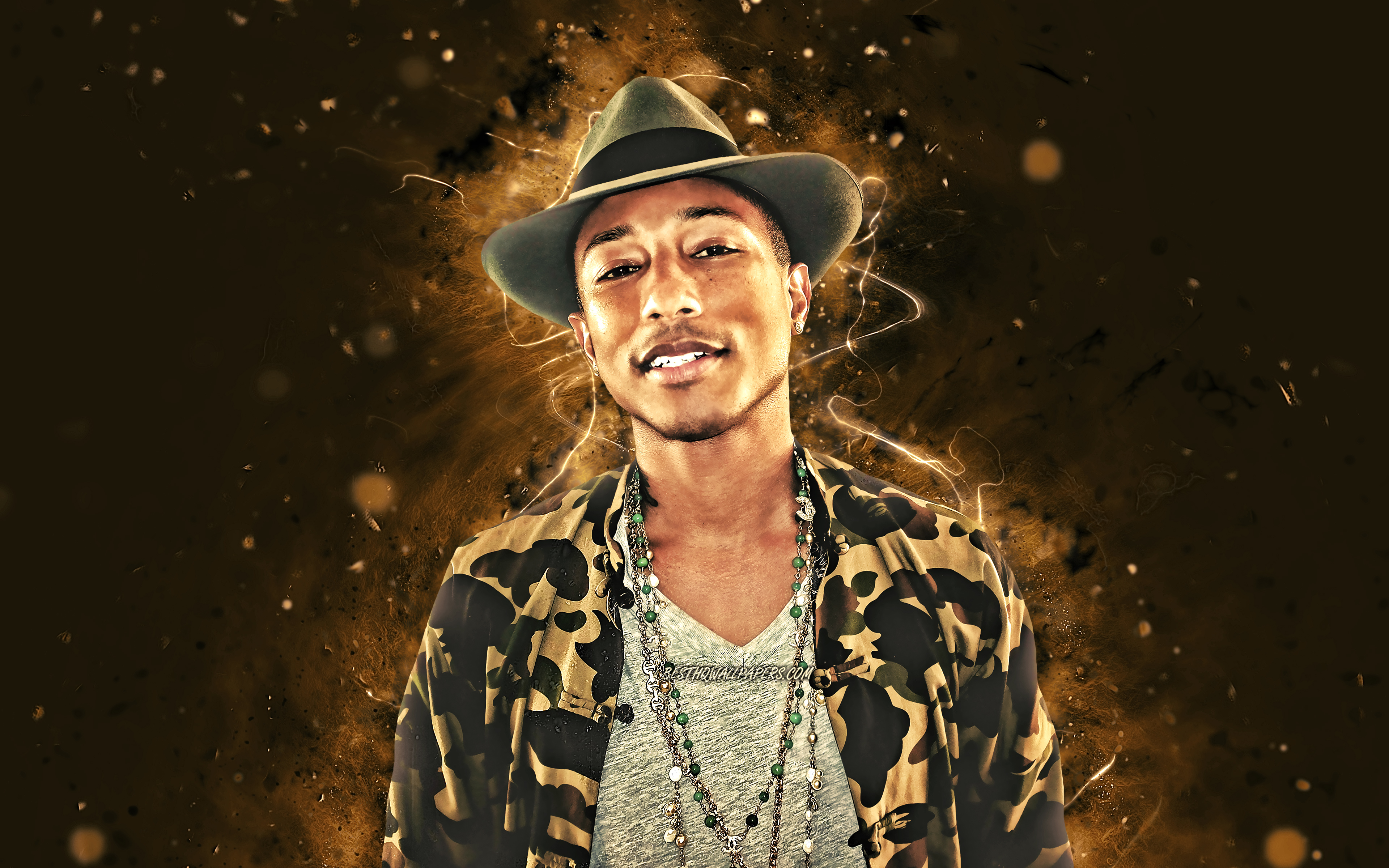 Download wallpaper Pharrell Williams, 4K, brown neon lights, american singer, music stars, Pharrell Lanscilo Williams, american celebrity, superstars, Pharrell Williams 4K for desktop with resolution 3840x2400. High Quality HD picture wallpaper