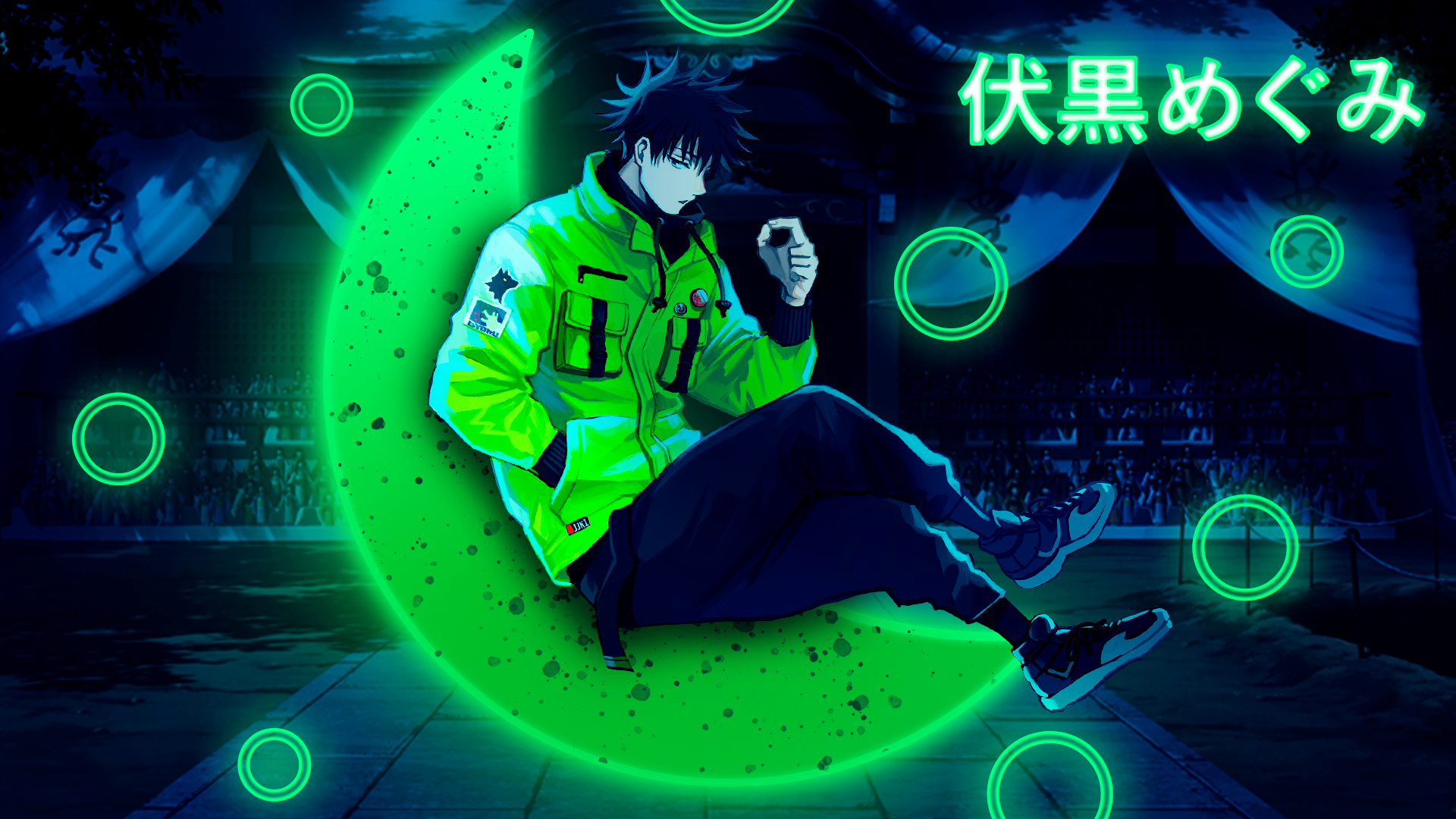 Wallpaper, Megumi Fushiguro, Jujutsu Kaisen, Jujutsukaisen, glowing, circle, Half Moon, green jacket, anime design, anime boys, kanji 1920x1080