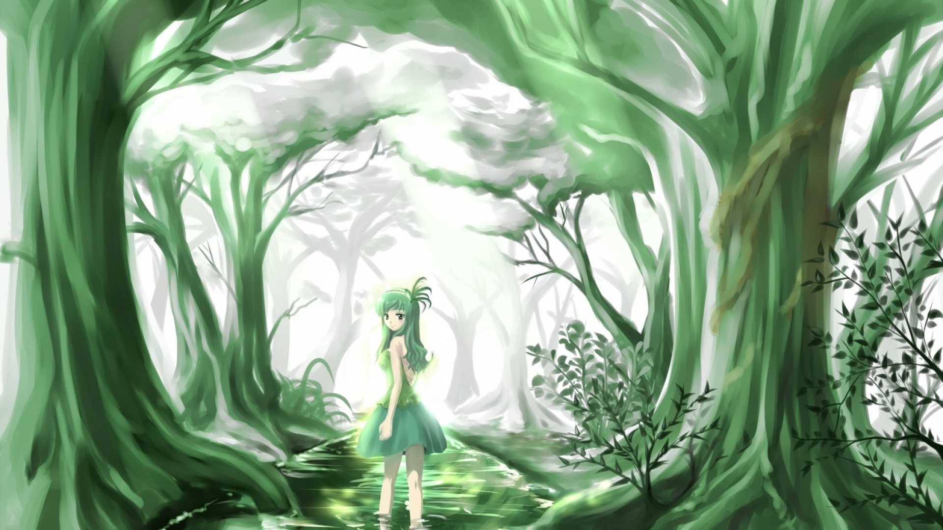 Anime Girl Green Hair Forest HD Wallpaper