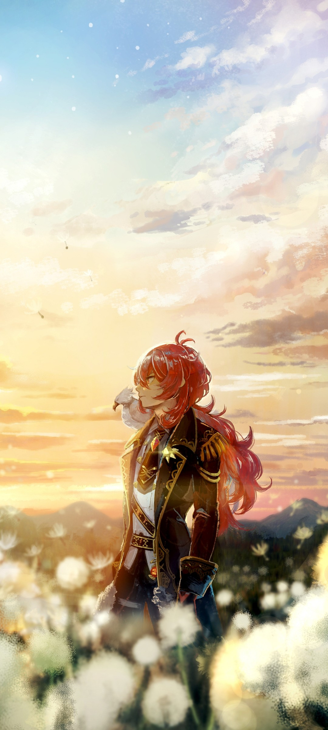 Download 1080x2400 Diluc, Genshin Impact, Anime Games, Red Hair, Anime Landscape, Clouds Wallpaper for Samsung Galaxy Note 20 & S20 FE, Xiaomi Mi 10T Pro, Poco F2 Pro