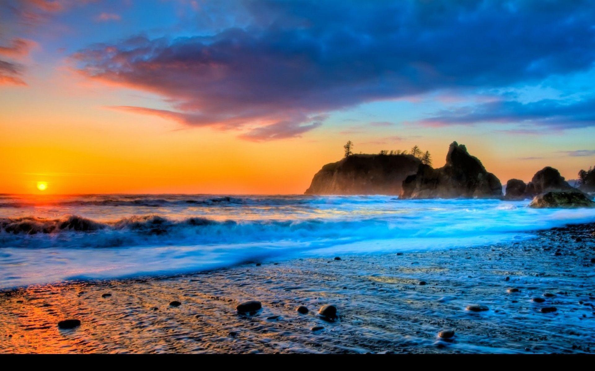 Blue Beach Sunset Background 1 HD Wallpaper