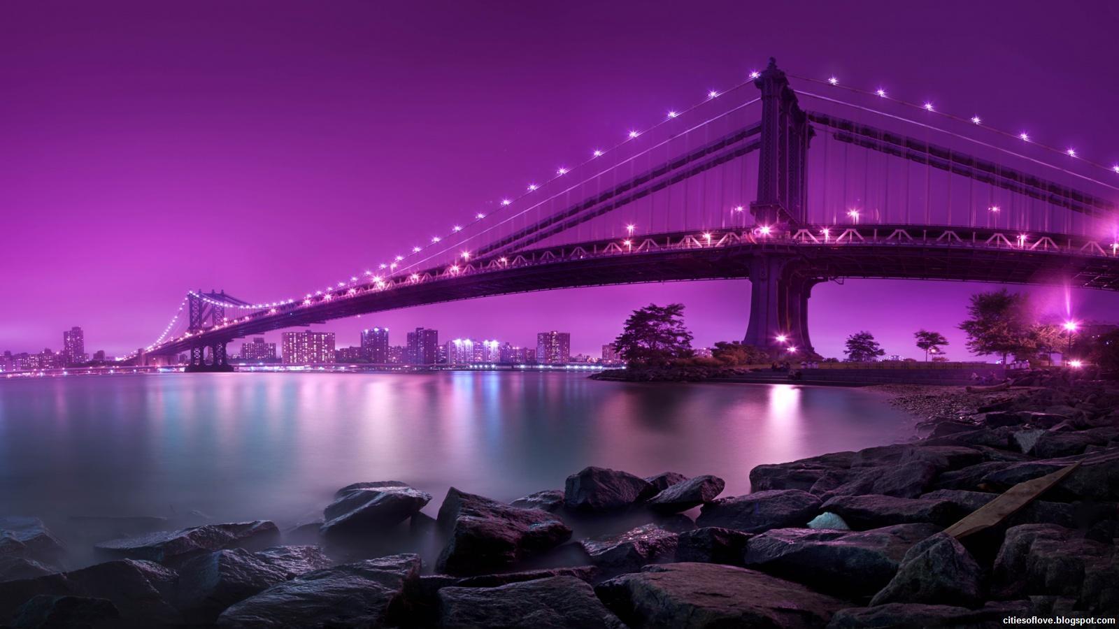 New York City Manhattan Bridge Purple Night United States