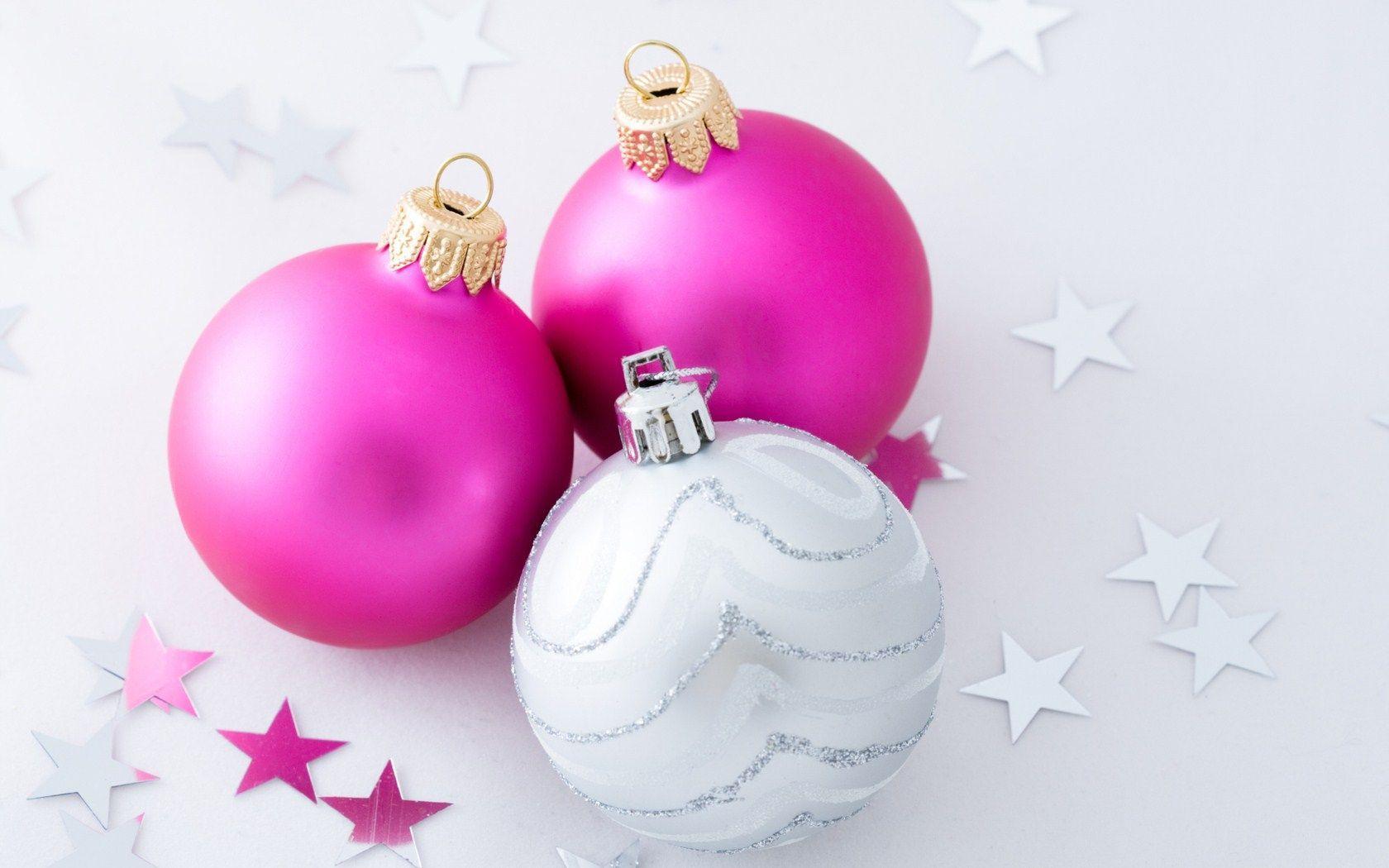 Christmas Globes Pink White Silver Stars HD Wallpaper