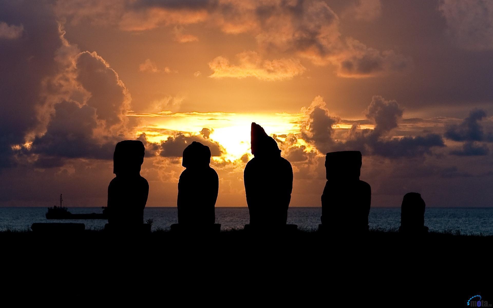 HD Moai Stones At Sunset, Easter Isl Wallpaper