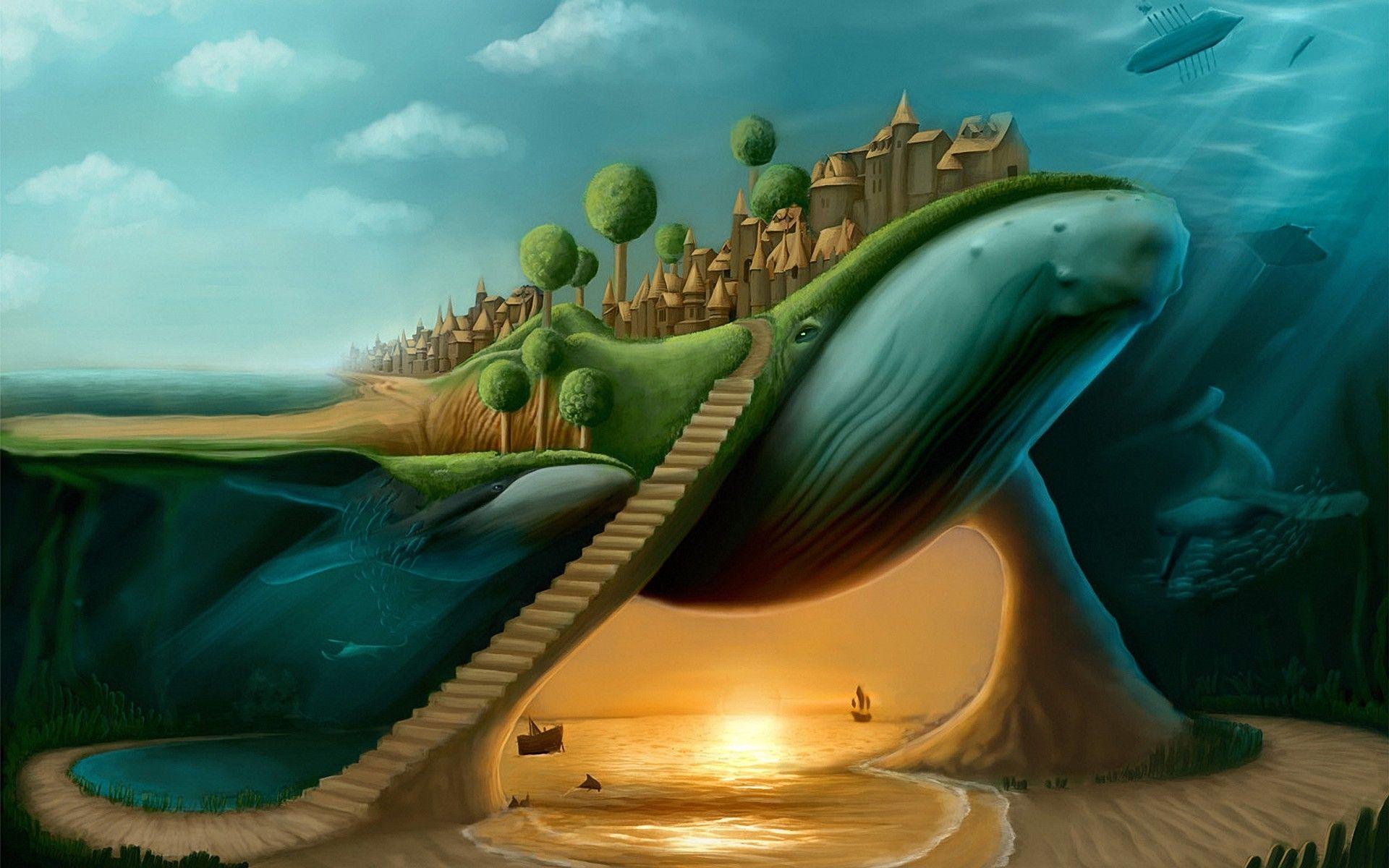 Surreal Background, Cave Surreal Town Whales HD Wallpaper