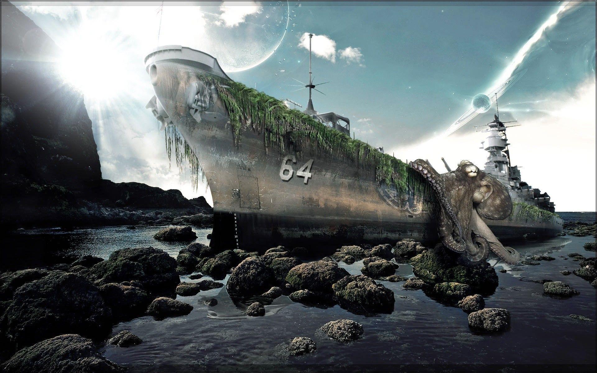 Fantasy octopus and big ship HD Wallpaper