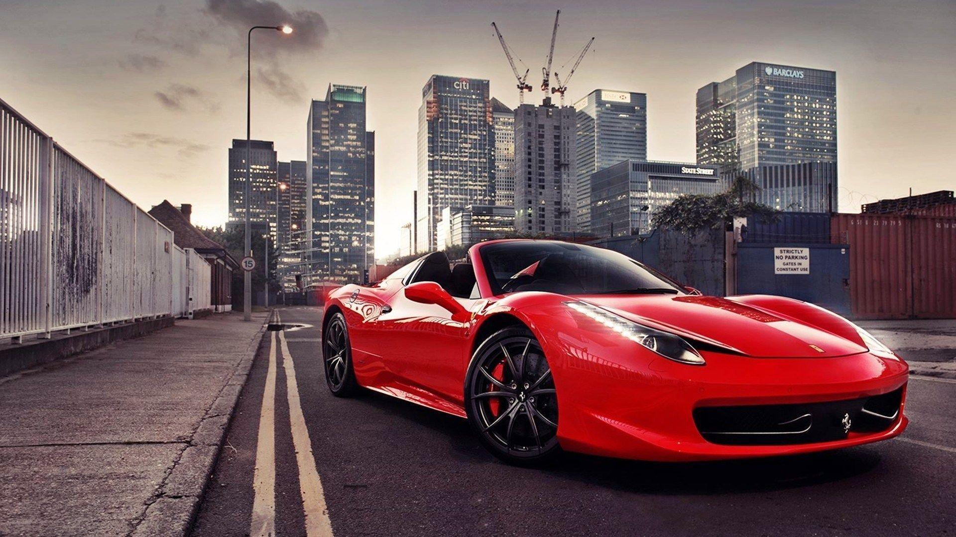 Red Ferrari 458 Italia Street Cranes City Bank Sign Photo HD