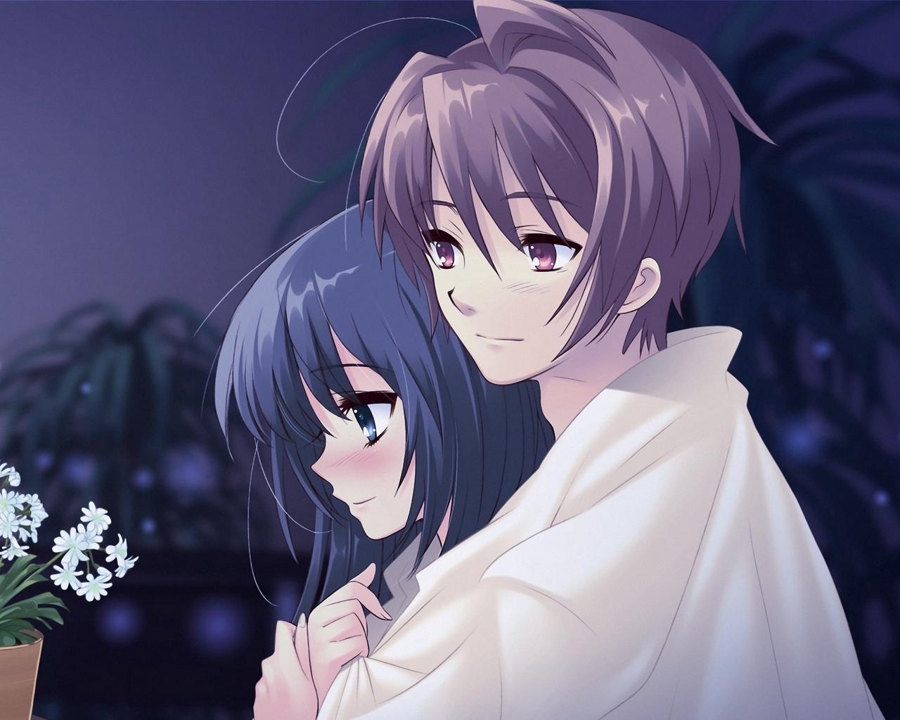 Download wallpaper 1280x1024 anime, boy, girl, pot, flower, hug, tenderness standard 5:4 HD background