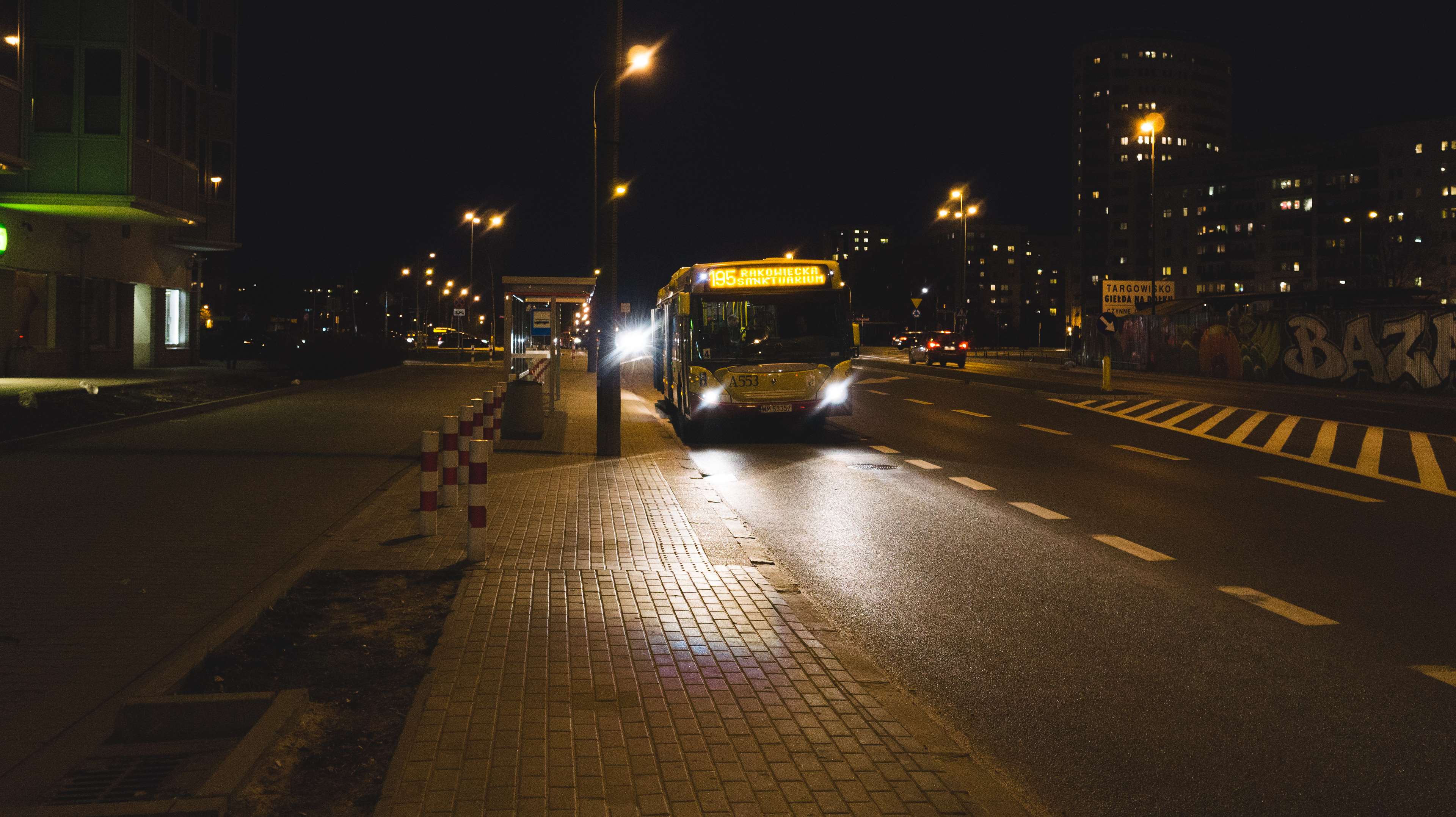 black, bus, city, dark, lights, night, street, transport, urban, warsaw, yellow 4k wallpaper