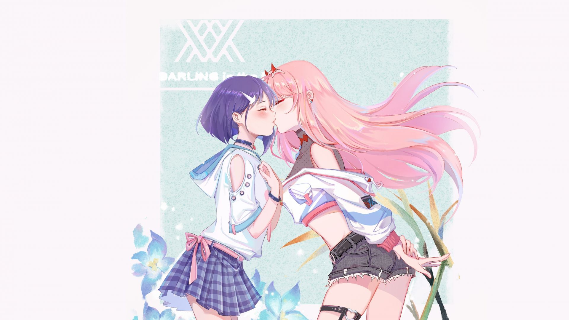 Desktop wallpaper ichigo and zero two, kiss, anime girls, artwork, HD image, picture, background, 9b5a39